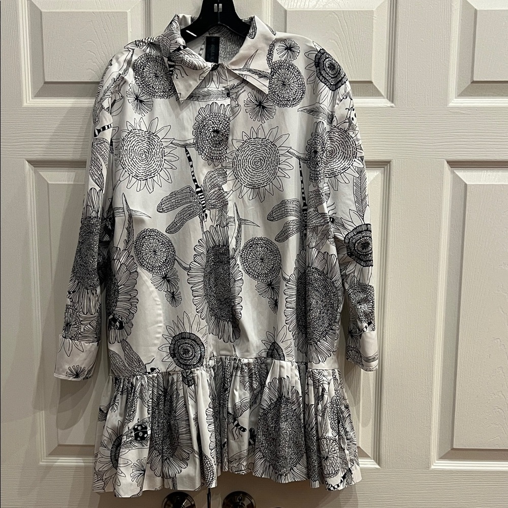 Norma Kamali Floral Black and White Long Sleeve Cover up Dress